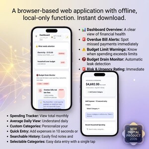 May include: A browser-based web application for financial tracking displayed on two smartphones. The interface shows a dashboard with electricity bill alerts, budget limit warnings, and a budget drain monitor. Features include spending trackers, custom categories, and quick entry options for household expenses.