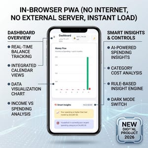 May include: A smartphone displaying a financial dashboard app with a money flow chart, smart insights, and spending analysis. Text includes IN-BROWSER PWA, DASHBOARD OVERVIEW, SMART INSIGHTS & CONTROLS, and NEW DIGITAL PRODUCT 2026 with various feature labels.