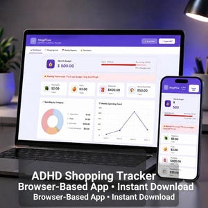 Può includere: Un computer portatile e uno smartphone che mostrano l'interfaccia del tracker per gli acquisti mensili ShopFlow. Gli schermi visualizzano una dashboard con un budget mensile di 500,00 $, categorie di spesa, un grafico a torta ed elenchi.