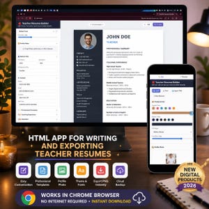 May include: A digital teacher resume builder application displayed on a computer monitor and a smartphone screen. The interface shows resume editing fields, a preview of a resume for John Doe, and various customization options for fonts and colors.