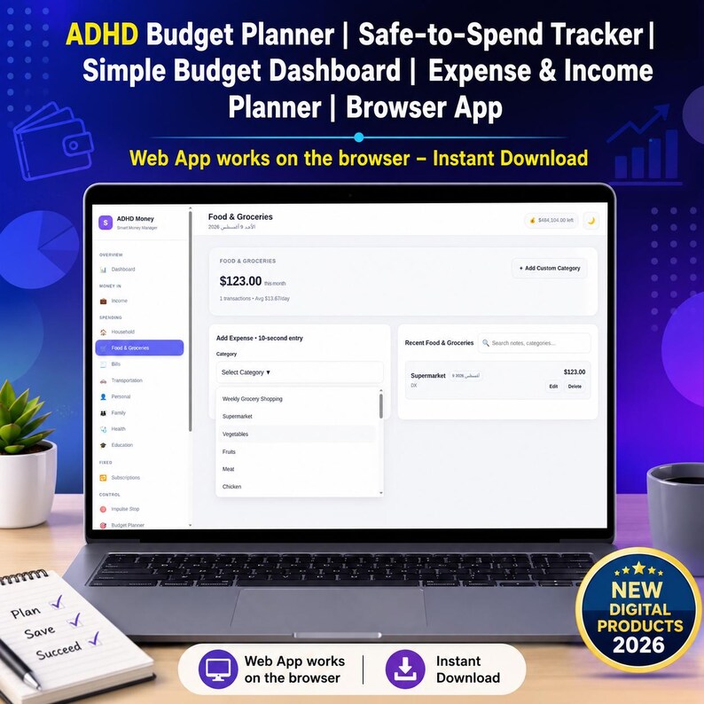 May include: A laptop displaying an ADHD Budget Planner web app interface with categories for food, groceries, and expenses. The screen shows a dashboard with a $123.00 entry. Text includes ADHD Budget Planner, Safe-to-Spend Tracker, and New Digital Products 2026.