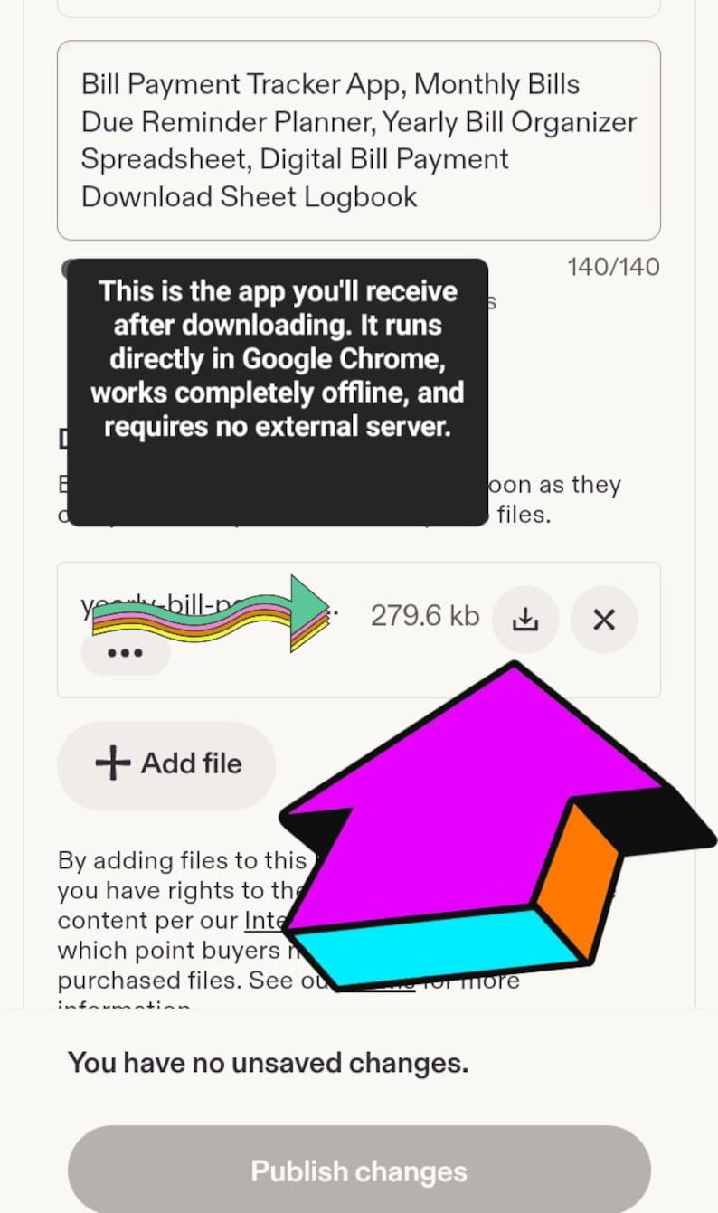 May include: A digital interface for a bill payment tracker app featuring text that reads: Bill Payment Tracker App, Monthly Bills Due Reminder Planner, Yearly Bill Organizer Spreadsheet, Digital Bill Payment Download Sheet Logbook, and a large purple arrow.