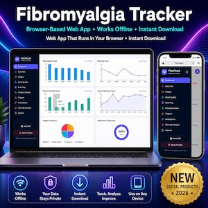 Op de afbeelding: Een FibroTrack Fibromyalgia Tracker web-app weergegeven op een laptop- en smartphonescherm. De interface bevat een donkerblauw dashboard met grafieken voor slaapkwaliteit, hersenmist, fysieke activiteit en algemene welzijnstrends.