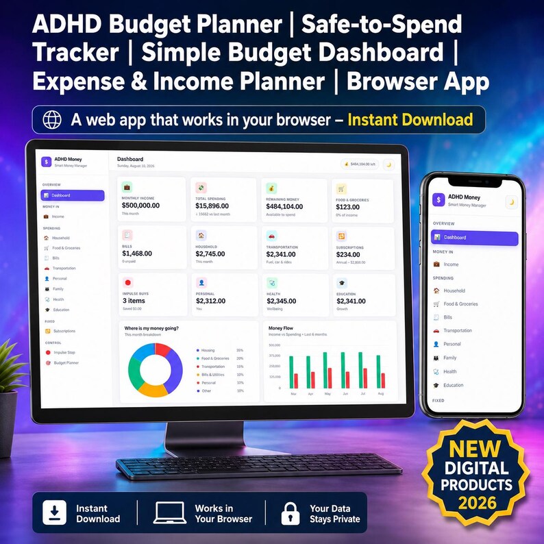 May include: A digital ADHD budget planner and expense tracker displayed on a computer monitor and smartphone. The interface features a dashboard with income, spending, and savings data, including a pie chart and bar graph for financial visualisation.