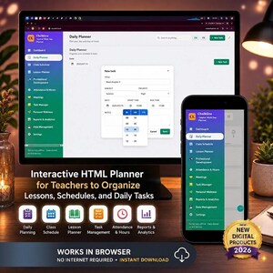 Interactive HTML Teacher Planner: Digital Classroom Organizer, Lesson Schedule (Digital Download)