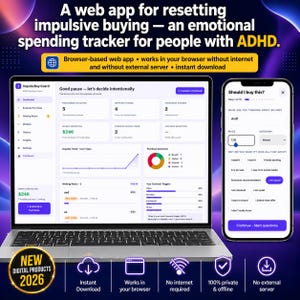 May include: A web app for resetting impulsive buying, an emotional spending tracker for people with ADHD. The interface displays a dashboard with purchase statistics, money protected, and a mobile view asking, Should I buy this? with input fields.