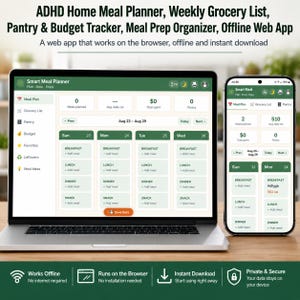 May include: A laptop and a smartphone displaying the Smart Meal Planner web app interface. The screen shows a weekly meal schedule with sections for breakfast, lunch, dinner, and snacks, alongside budget and pantry tracking features.