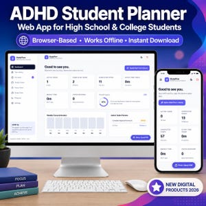 May include: A digital ADHD student planner web app displayed on a computer monitor and smartphone screen. The interface shows a dashboard with task tracking, study timers, and progress charts. Text includes ADHD Student Planner, StudyFlow, and New Digital Products 2026.