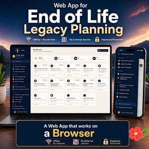 Puede incluir: Un ordenador portátil y un teléfono inteligente muestran una aplicación web para la planificación sucesoria. La interfaz presenta un panel con categorías como información personal, registros financieros y cartas de legado.