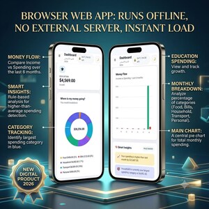 May include: Two smartphones displaying a financial dashboard web app. The interface features a pie chart for monthly spending, a bar chart for money flow, and text labels for education spending, smart insights, and category tracking. A gold 2026 badge is included.