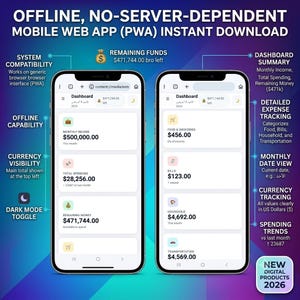 May include: Two smartphones displaying a mobile web app interface for financial tracking. The screens show a dashboard with categories for monthly income, total spending, and remaining funds, alongside detailed expense tracking for food, bills, and household items.