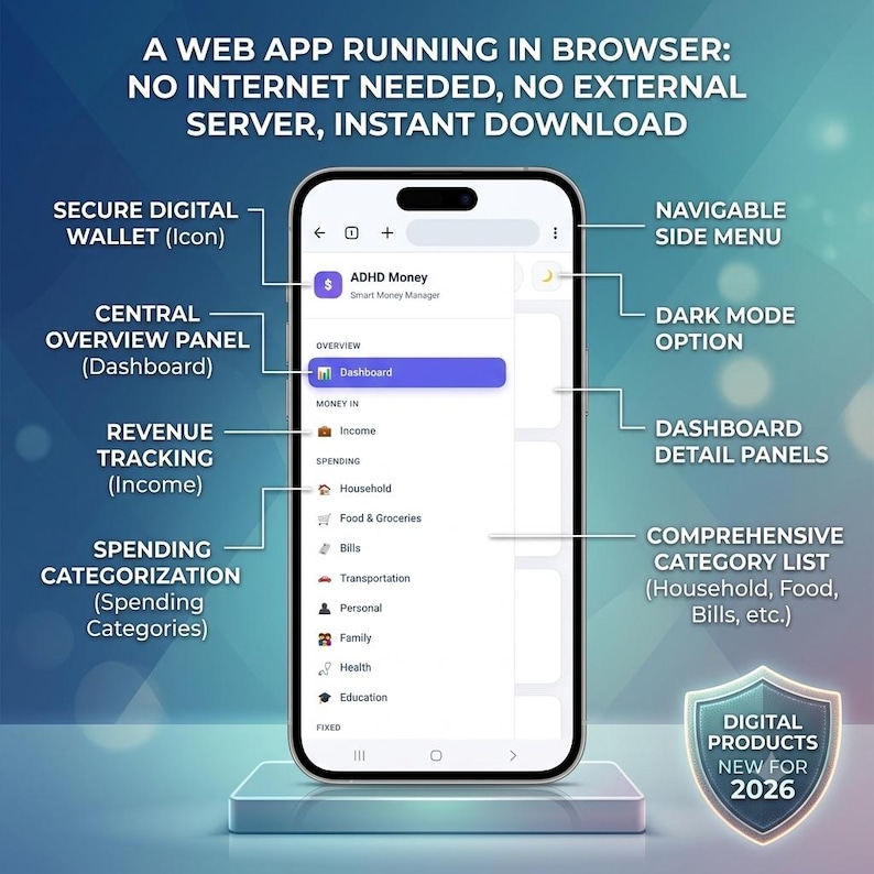 May include: A smartphone displaying the ADHD Money web app interface with a dashboard, revenue tracking, and spending categories. Text includes A WEB APP RUNNING IN BROWSER, NO INTERNET NEEDED, NO EXTERNAL SERVER, INSTANT DOWNLOAD, and DIGITAL PRODUCTS NEW FOR 2026.