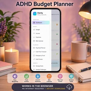 May include: A smartphone displaying an ADHD Budget Planner app interface with a sidebar menu listing Dashboard, Budget, Income, Expenses, Bills Calendar, Paycheck Planner, Cash Flow Forecast, Emergency Fund, Debt Tracker, Savings Goals, and Savings Challenges.