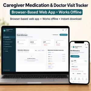 May include: A Caregiver Medication & Doctor Visit Tracker web app displayed on a laptop and smartphone. The interface features a dark sidebar, white dashboard cards, and text including 'Good afternoon', 'Medication Adherence', and 'My Medications'.