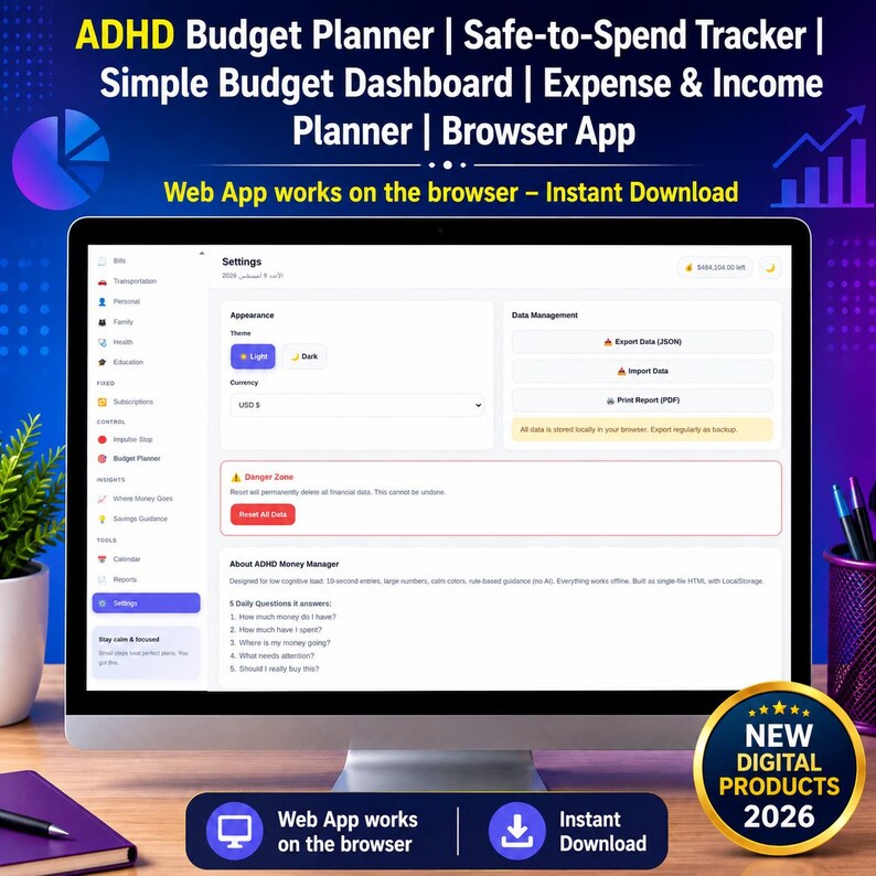 May include: A computer monitor displaying an ADHD Budget Planner web app interface with settings, data management options, and a danger zone for resetting data. The screen shows text including ADHD Budget Planner, Safe-to-Spend Tracker, and Simple Budget Dashboard.