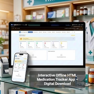 May include: A computer monitor and a smartphone displaying the Med Tracker Pro interface, featuring a dashboard with medication schedules, appointment reminders, and analytics, presented as an interactive offline HTML digital download.