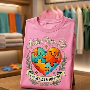 Puede incluir: Una camiseta rosa con las palabras "Autism Mom Life" y un diseño de rompecabezas en forma de corazón en azul, verde, naranja y amarillo. La camiseta también tiene las palabras "Awareness & Support" y "Mom".