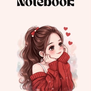 Puede incluir: Portada de cuaderno con una ilustración de dibujos animados de una niña con pelo largo castaño, vestida con un suéter rojo y una camiseta sin mangas blanca. La palabra "Notebook" está escrita en negrita en negro, con tres corazones rojos encima de la niña.