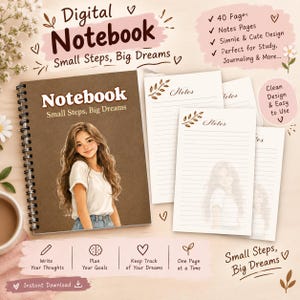 Puede incluir: Un cuaderno digital de espiral con una cubierta marrón que presenta la ilustración de una persona de cabello largo y castaño con una camiseta blanca. El texto dice Notebook Small Steps, Big Dreams. Incluye páginas rayadas con hojas.
