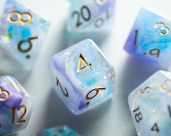 Pastel Resin DND Dice Set, Blue Purple Opal Polyhedral Dice with Gold Numbers, Celestial RPG Dice, Dungeons and Dragons Gift