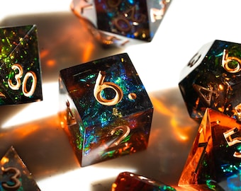 Sharp Edge DND Dice Set – Amber Orange Resin Polyhedral Dice with Gold Numbers – 7pc RPG Dice Gift