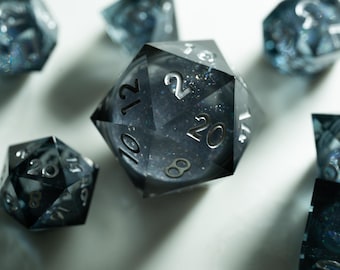 Oversized 35mm Sharp Edge D20 — Giant Black Resin d20 — Large Single D20 for DND RPG — Big Display Dice — Smoky Glitter