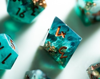 Teal Ocean Resin Dice Set with Gold Leaf — Sharp Edge Polyhedral Dice, Copper Ink Numbers, Sea-Themed RPG Dice for DND TTRPG