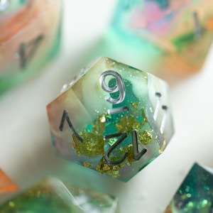 Pastel Galaxy DND Dice Set — Teal Pink Resin Dice, Celestial Polyhedral RPG Dice, Shimmer Fantasy Dice, Sharp Edge Dice image 5