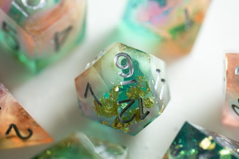 Pastel Galaxy DND Dice Set — Teal Pink Resin Dice, Celestial Polyhedral RPG Dice, Shimmer Fantasy Dice, Sharp Edge Dice image 5