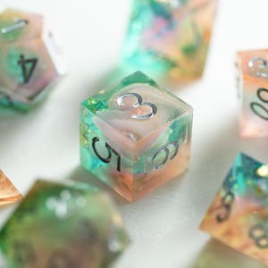 Pastel Galaxy DND Dice Set — Teal Pink Resin Dice, Celestial Polyhedral RPG Dice, Shimmer Fantasy Dice, Sharp Edge Dice image 6