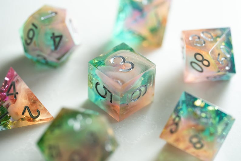 Pastel Galaxy DND Dice Set — Teal Pink Resin Dice, Celestial Polyhedral RPG Dice, Shimmer Fantasy Dice, Sharp Edge Dice image 6