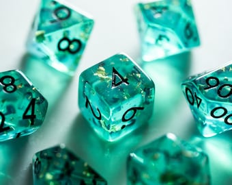 Emerald Hoard Resin DND Dice Set, Green and Gold Leaf RPG Dice, Fantasy Polyhedral Dice, Dungeons and Dragons Dice Gift