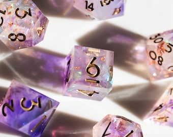 Sharp Edge DND Dice Set – Purple Dice With Multicolor Foil and Gold Numbers – 7pc Polyhedral RPG Dice for Dungeons and Dragons