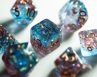 Pink Purple Galaxy Resin DND Dice, Iridescent Glitter RPG Dice, Gold Ink Polyhedral Set, Pastel Nebula Dice