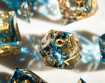 Sharp Edge DND Dice Set – Blue resin dice with gold Foil and Gold Numbers – 7pc Polyhedral RPG Dice for Dungeons and Dragons