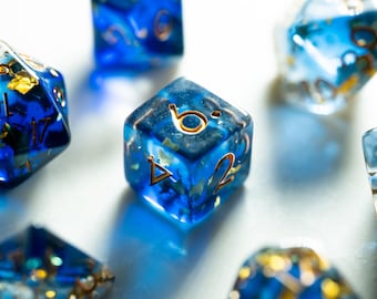 Blue Gold Resin DND Dice, Sapphire Galaxy RPG Dice, Gold Leaf Polyhedral Dice Set, Luxury D&D Dice