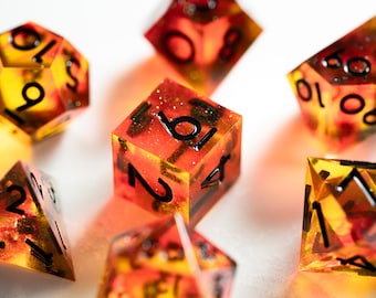 Yellow Red Glitter Resin DND Dice Set — Prismatic Fire Polyhedral RPG Dice, Sharp Edge Yellow Dice, Fantasy Tabletop Dice