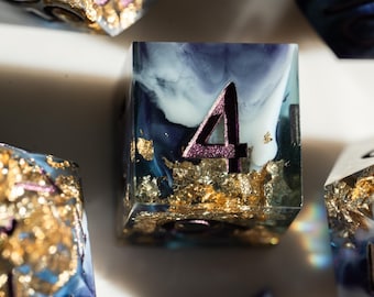 Sharp Edge DND Dice Set – Blue Resin Polyhedral Dice with Gold Flakes and Purple Numbers – 7pc RPG Dice for Dungeons and Dragons