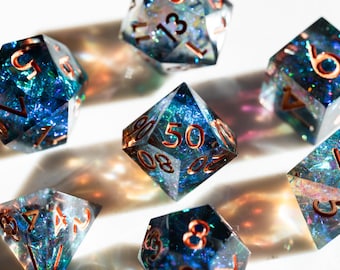 Sharp Edge DND Dice Set – Blue Green Resin Polyhedral Dice with Copper Numbers – 7 Piece RPG Dice Gift