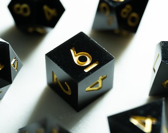 Sharp Edge Black Resin Dice Set — Matte Onyx Style, Gold Ink, Minimalist Dark RPG Dice, 7-Piece Polyhedral Set for DND TTRPG