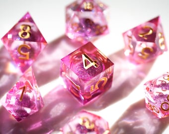 Liquid Core DND Dice Set – Pink Galaxy Sharp Edge Resin Polyhedral Dice, 7 Piece RPG d20 Set