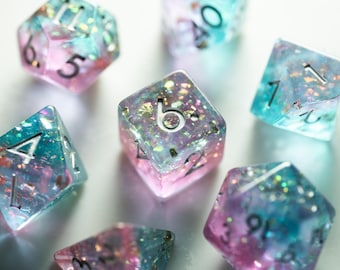 Resin DND Dice Set, Pink Teal Holographic Dice with Gold Leaf, Fantasy Polyhedral RPG Dice, Dungeons and Dragons Gift