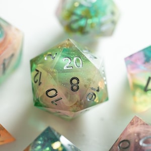 Pastel Galaxy DND Dice Set — Teal Pink Resin Dice, Celestial Polyhedral RPG Dice, Shimmer Fantasy Dice, Sharp Edge Dice image 4