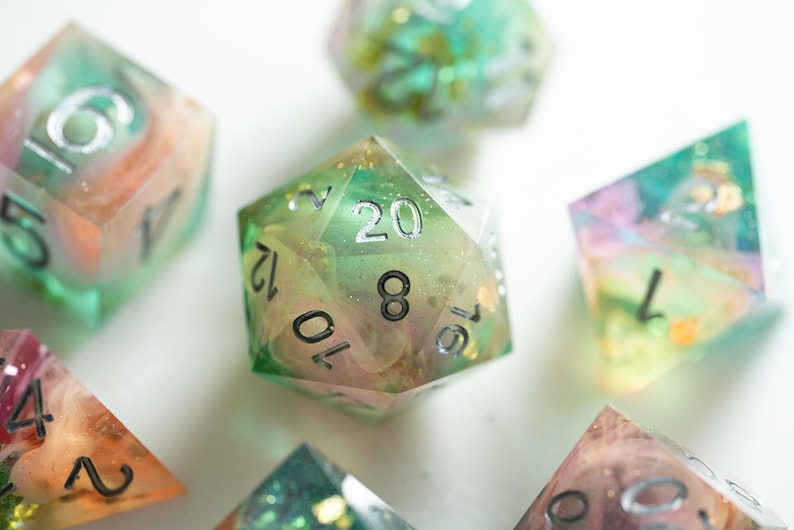 Pastel Galaxy DND Dice Set — Teal Pink Resin Dice, Celestial Polyhedral RPG Dice, Shimmer Fantasy Dice, Sharp Edge Dice image 4