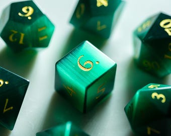 Eye Gemstone Dice Set with Metal Case – Green Cat’s Eye Glass DND Dice, Luxury RPG Dice, Gold Number Polyhedral Set
