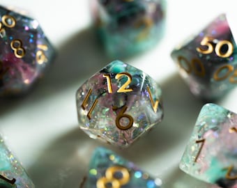 Teal Purple Resin DND Dice, Iridescent Glitter RPG Dice, Gold Ink Polyhedral Set, Galaxy Ocean Dice