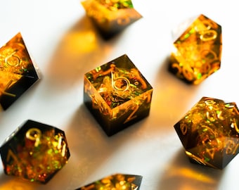 Sharp Edge Resin Dice Set — Fire Opal Style, Orange Iridescent Flakes, Gold Ink, 7-Piece RPG Dice for DND TTRPG