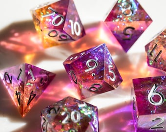 Sharp Edge DND Dice Set – Purple Resin Polyhedral Dice with Silver Numbers – 7pc RPG Dice Gift for Dungeons and Dragons