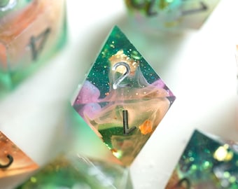 Pastel Galaxy DND Dice Set — Teal Pink Resin Dice, Celestial Polyhedral RPG Dice, Shimmer Fantasy Dice, Sharp Edge Dice