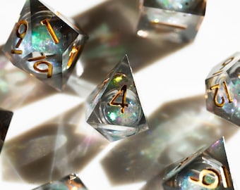 Liquid Core DND Dice Set – Black & Gold Sharp Edge Resin Polyhedral Dice, 7 Piece RPG d20 Set